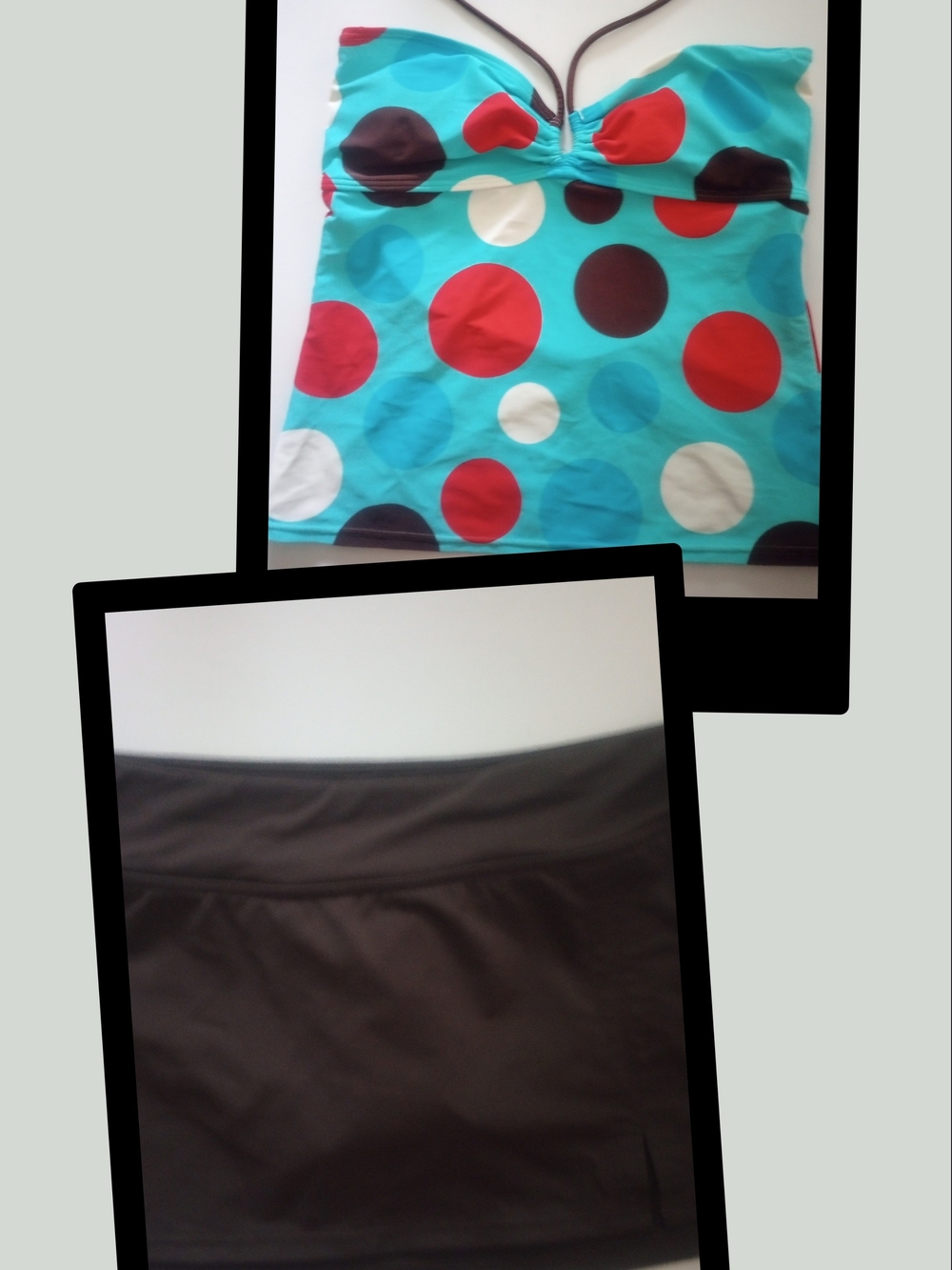 Turquoise Polka Dot Tankini Top with Brown Swim Skirt